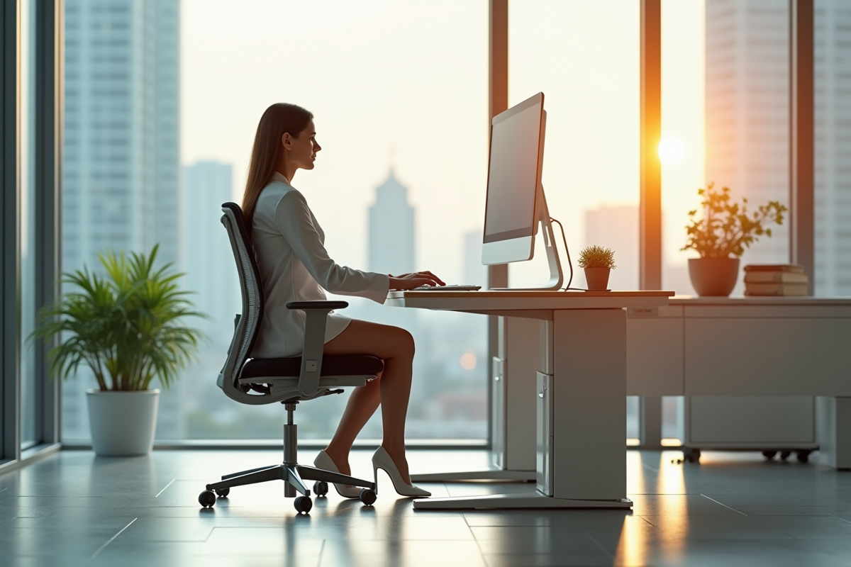 Femme assise droite à un bureau lumineux en posture ergonomique