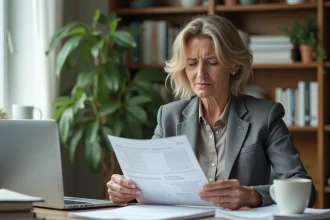 Femme d'âge moyen dans un bureau à domicile examine un plan de santé