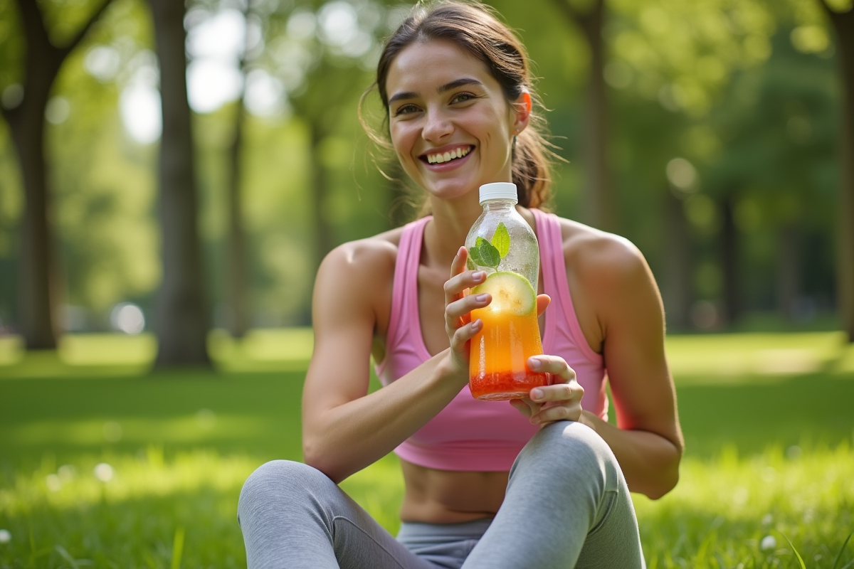Jeune femme en parc buvant une eau infusee aux fruits et herbes