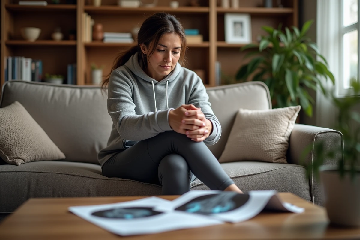 Femme regardant son MRI sur la table dans son salon