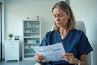 Femme d'âge mûr lisant ses résultats d'analyse de sang en consultation médicale, taux de Gamma GT