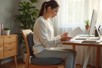 Femme assise sur un coussin orthopédique en anneau pour soulager une douleur au coccyx lors de la cicatrisation