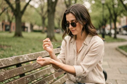 Femme appliquant de la crème solaire sur son bras dans un parc urbain au printemps, protection UV cutanée