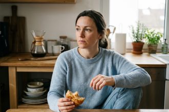 Femme assise seule à la cuisine avec pâtisserie en main