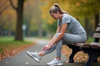 Femme d'âge moyen assise sur un banc de parc touchant le côté extérieur de son pied douloureux après la marche