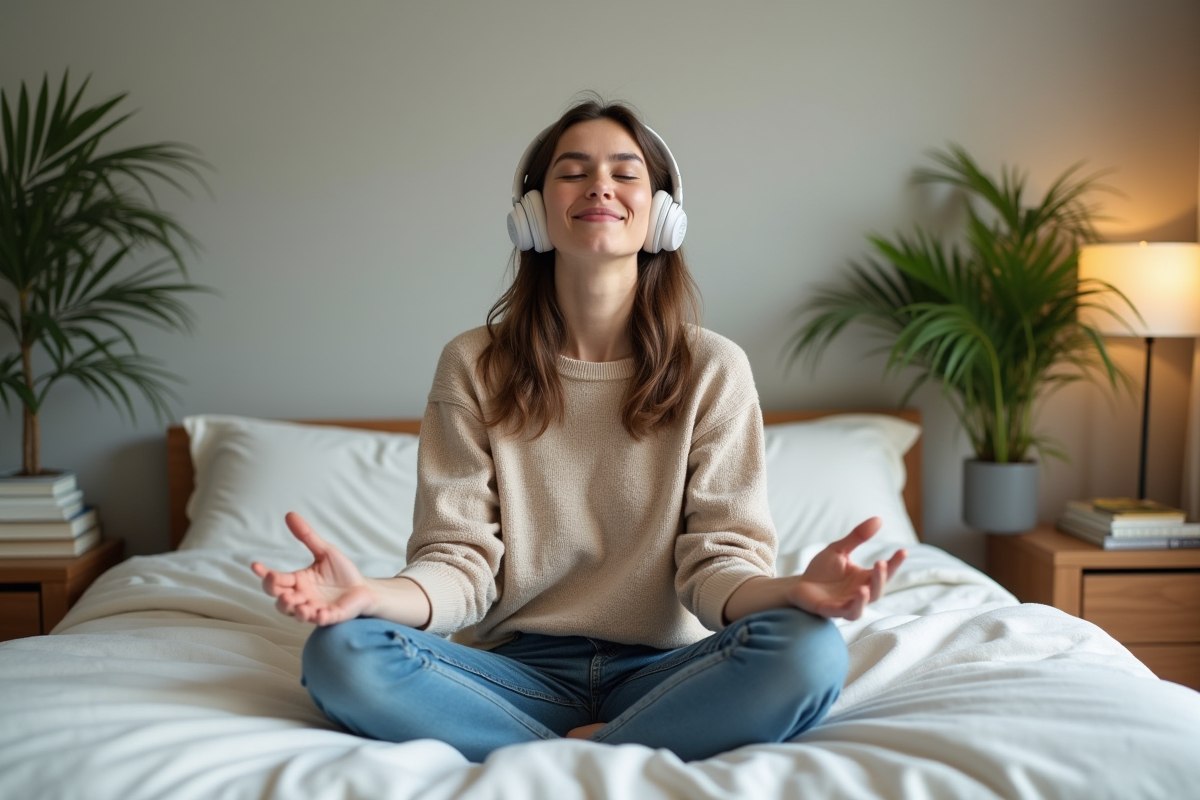 Jeune femme détendue écoute de la musique avec casque sans fil