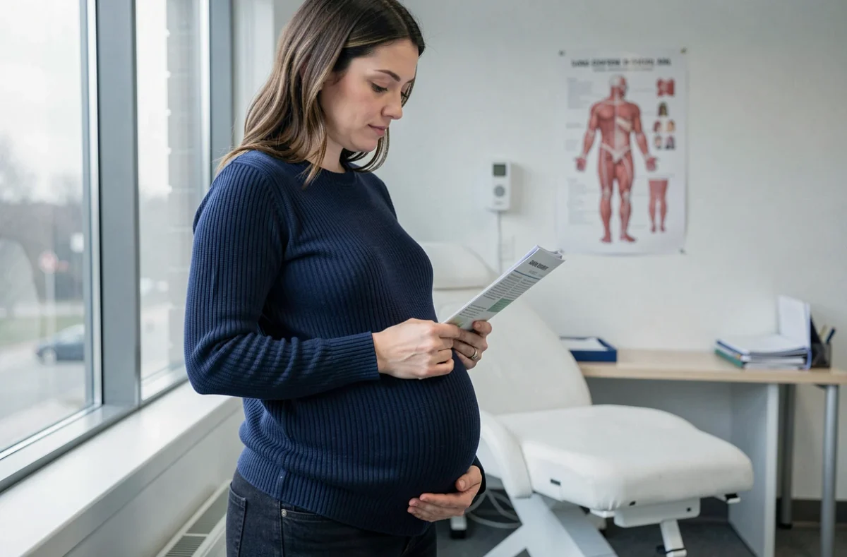 Femme enceinte lisant un document médical dans une salle de consultation, main sur le ventre, regard concentré