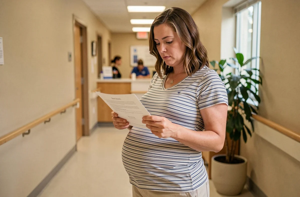 Femme enceinte dans un couloir de maternité tenant son plan de naissance, réfléchissant à la progression de son travail et à la dilatation du col