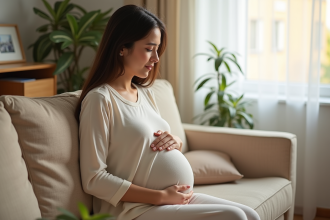 Femme enceinte souriante dans un salon lumineux et chaleureux