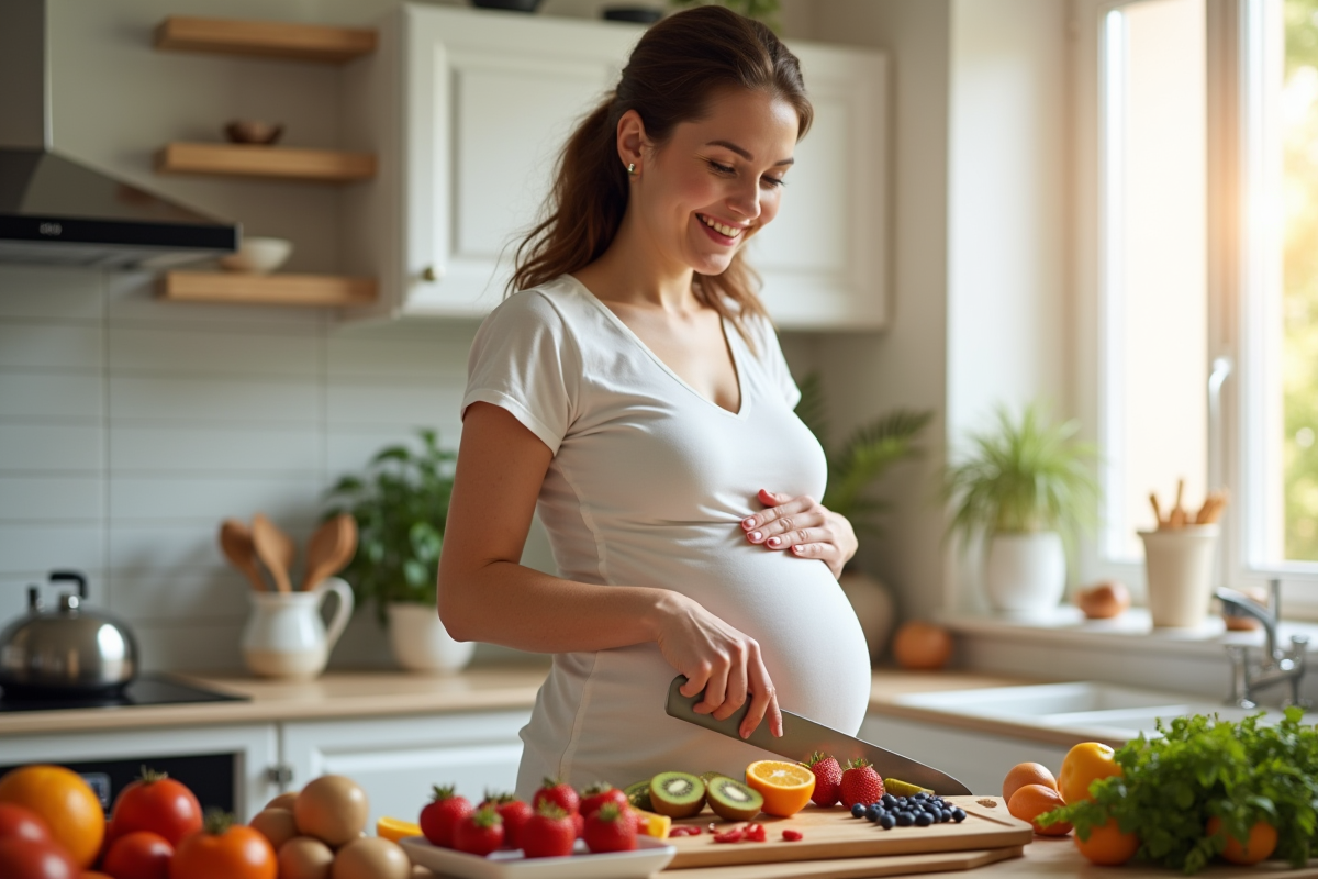 Femme enceinte dans une cuisine lumineuse coupe des fruits frais
