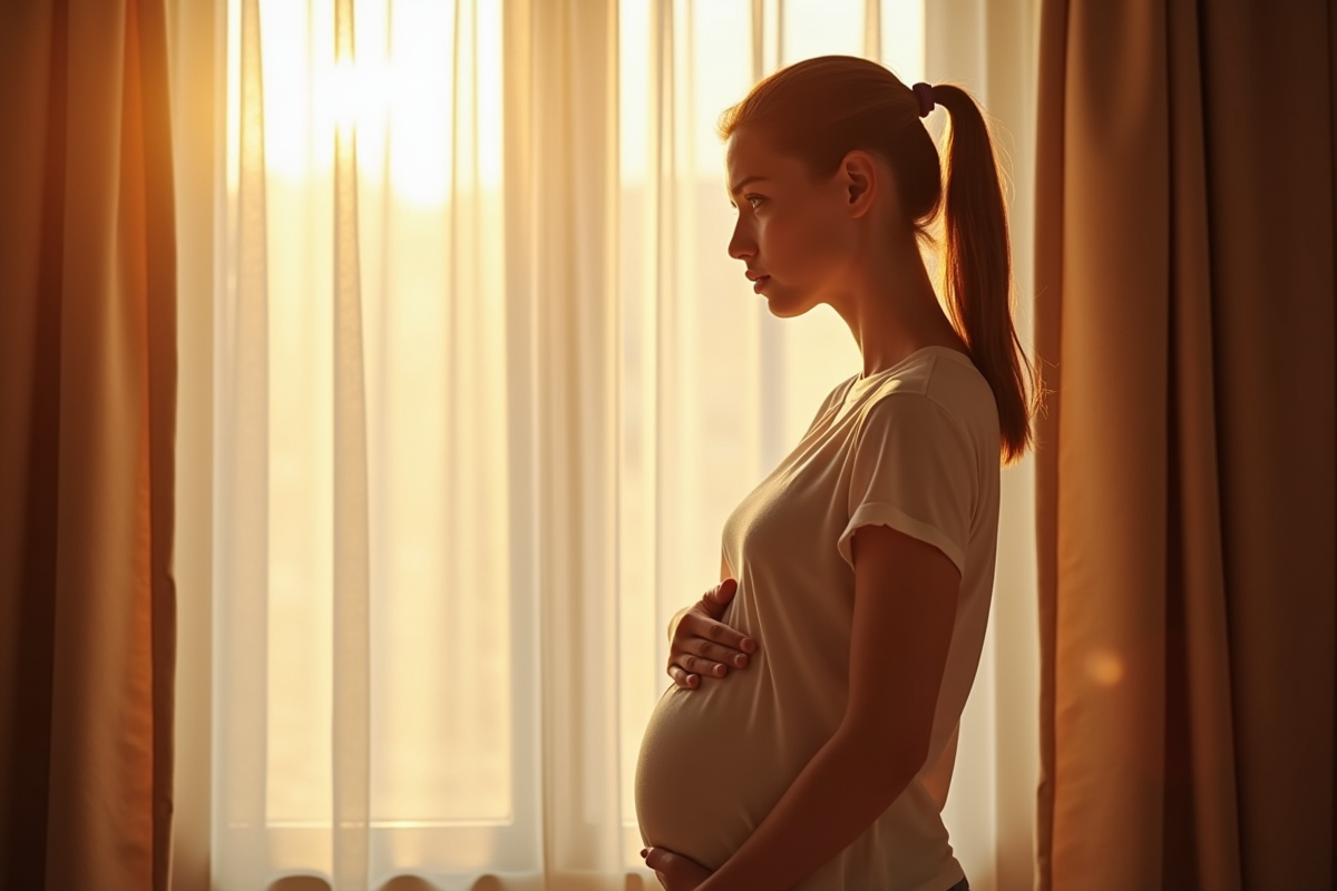 Jeune femme enceinte regardant pensivement par la fenêtre