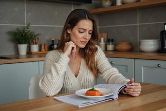 Femme enceinte lisant un guide nutrition dans la cuisine