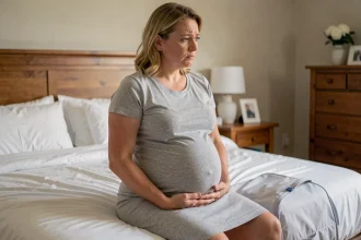 Femme enceinte assise sur le lit tenant son ventre, avec un sac de maternité prêt à ses pieds