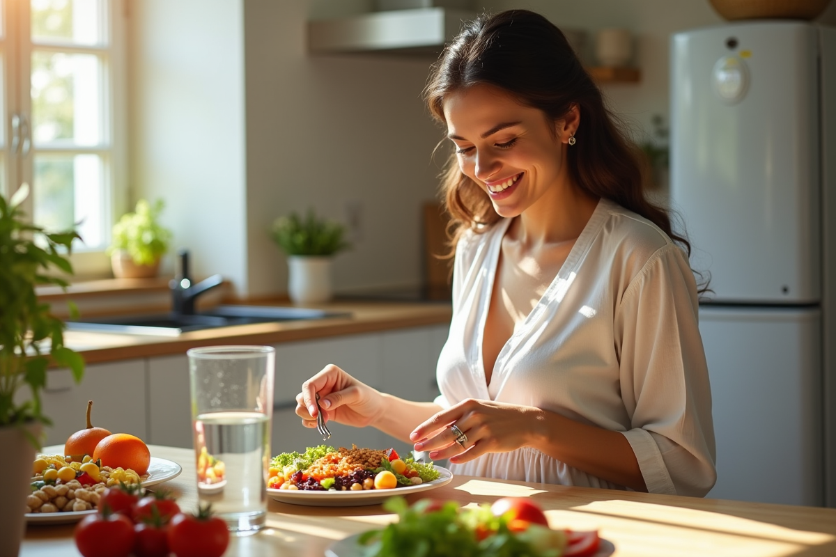 Femme enceinte souriante avec repas sain et coloré