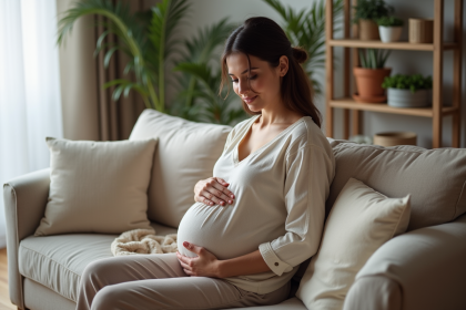 Femme enceinte assise sur un canap&eacute; dans un salon cosy