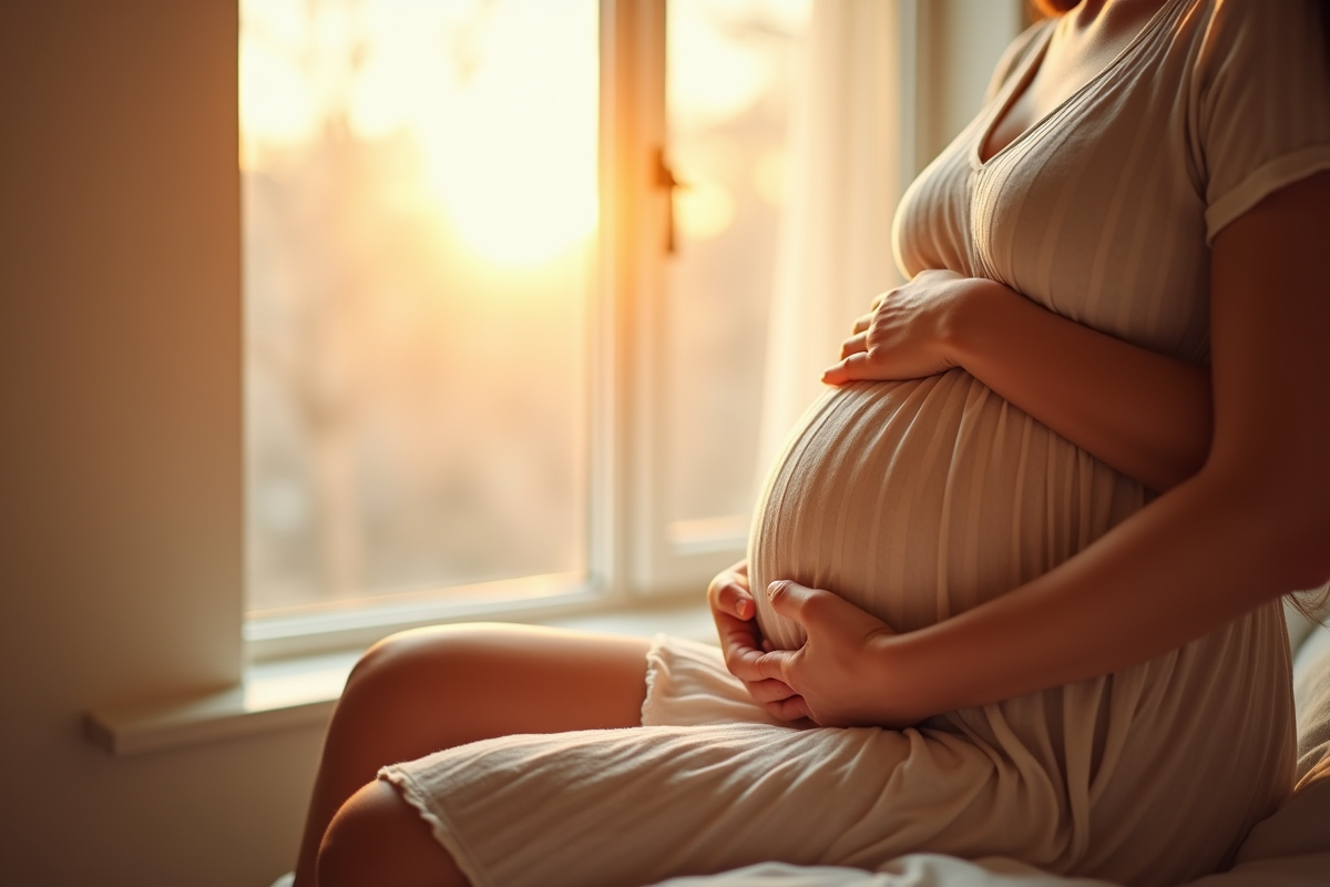 Femme enceinte tenant son ventre dans une lumière douce