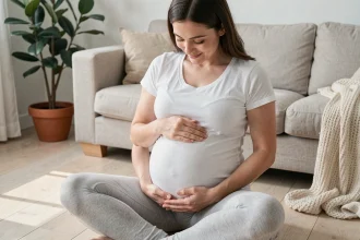 Femme enceinte assise sur le sol en bois, mains posées sur le ventre, expression sereine dans un salon cosy