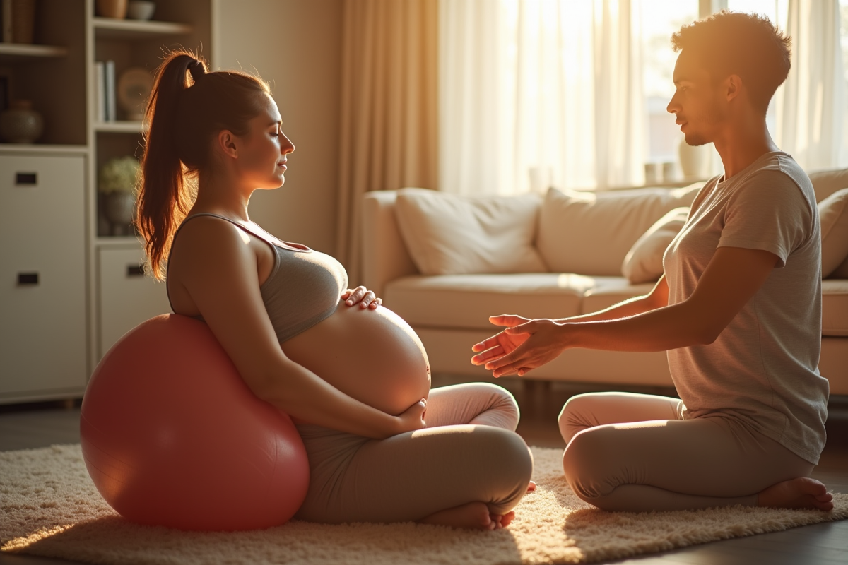 Femme enceinte en détente sur un ballon de yoga dans un salon lumineux