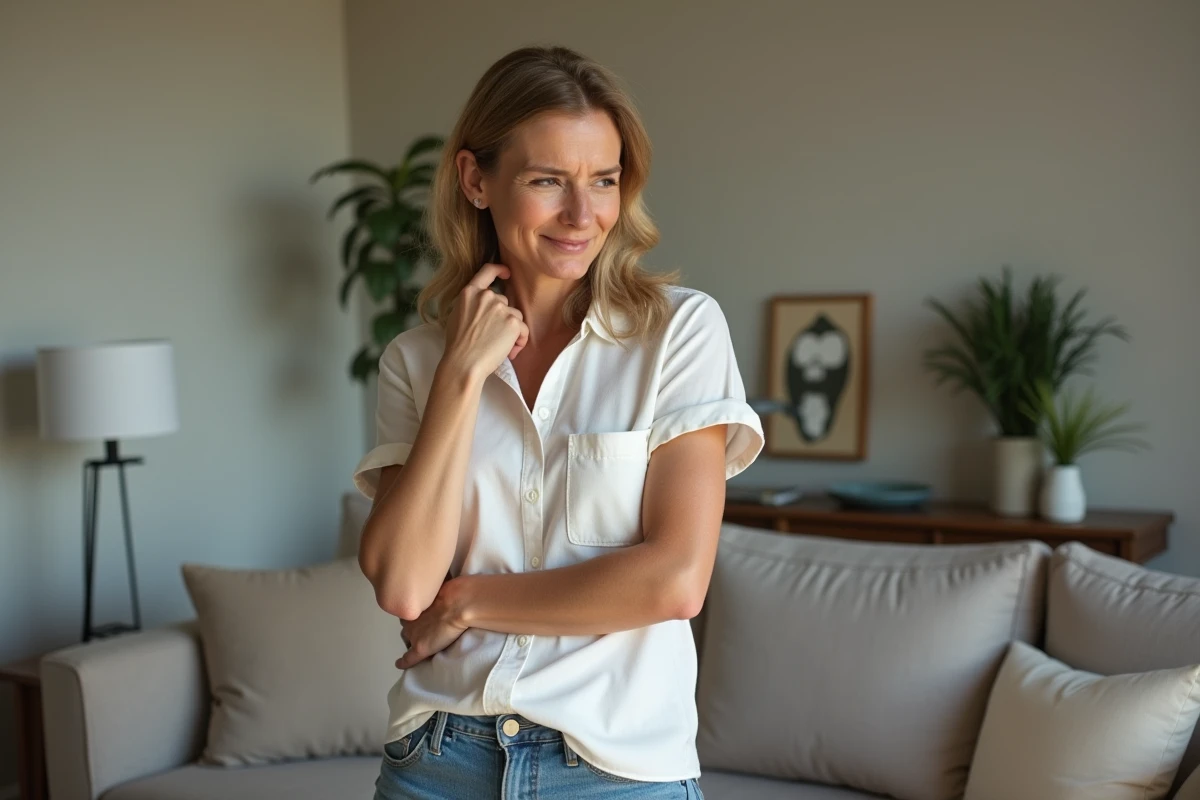 Femme en portrait naturel touchant son aisselle gauche