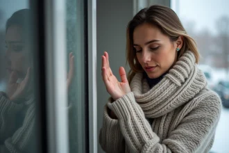 Femme regardant sa peau dans un intérieur hivernal