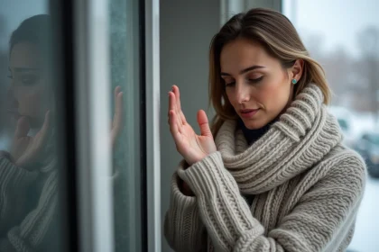 Femme regardant sa peau dans un int&eacute;rieur hivernal