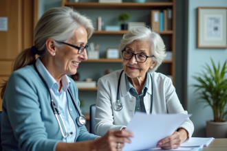 Femme âgée en consultation avec une médecin gériatrique