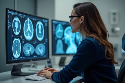 Femme regardant des scans MRI sur un moniteur au sein d'un h&ocirc;pital