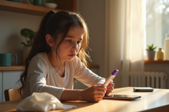 Jeune femme inquiète avec test covid positif à la maison
