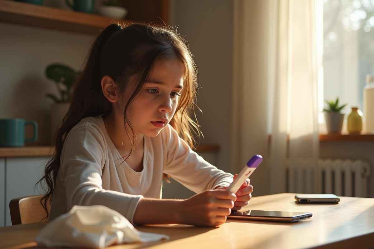 Jeune femme inquiète avec test covid positif à la maison