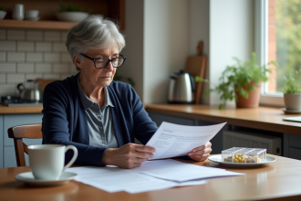 Femme d'âge moyen lisant des formulaires de santé à la maison