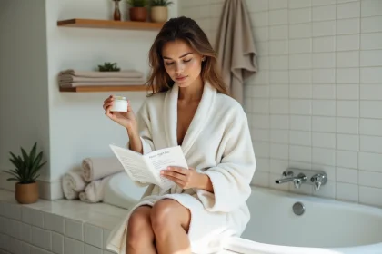 Femme en peignoir lisant une note de rem&egrave;des maison