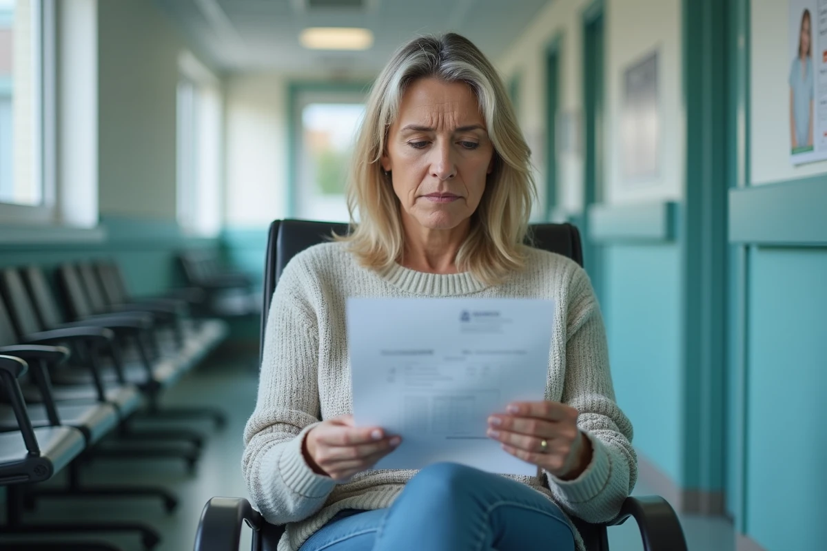 Femme lisant ses résultats de test CDT dans une salle d'attente médicale