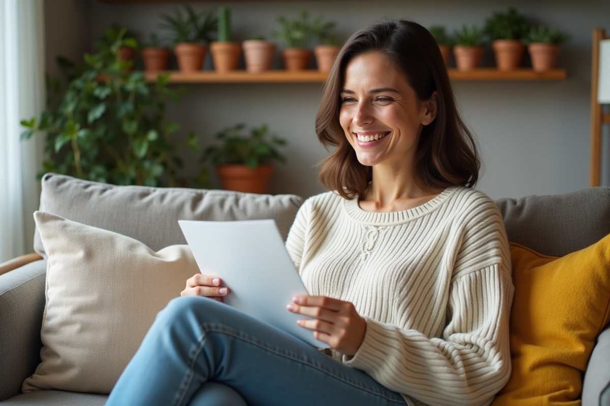 Femme souriante lisant une lettre dans un salon cosy