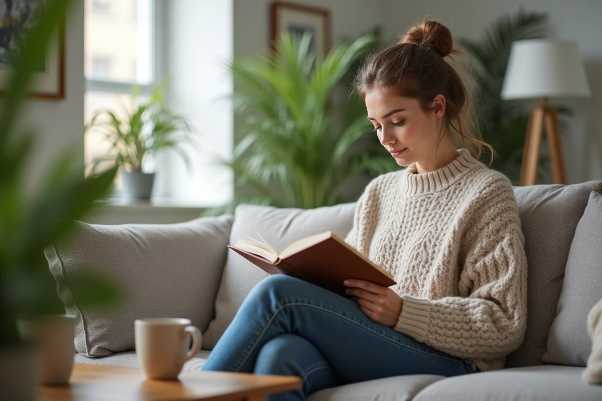 Femme lisant un livret dans un salon moderne et lumineux