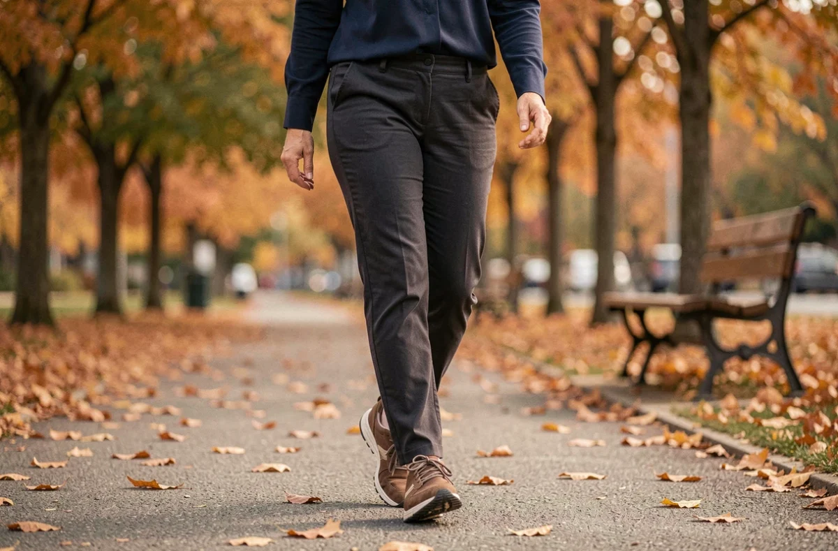 Femme marchant avec aisance dans un parc en automne grâce à des semelles confortables visibles dans ses chaussures de marche