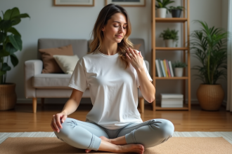 Femme assise en yoga se massant l'épaule dans un intérieur calme