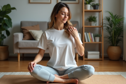 Femme assise en yoga se massant l'épaule dans un intérieur calme