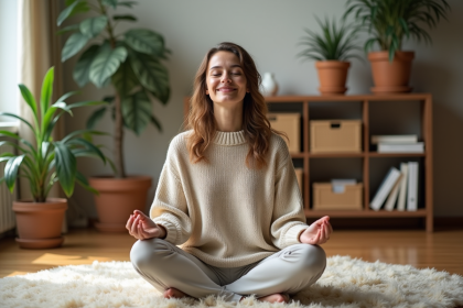 Femme détendue méditant dans un salon cosy