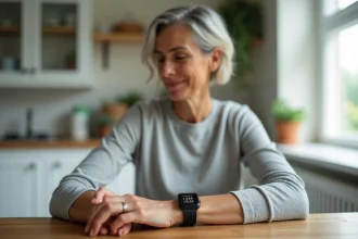 Femme consultant sa montre connectée avec tensiomètre dans une cuisine, affichant des données de santé sur l'écran