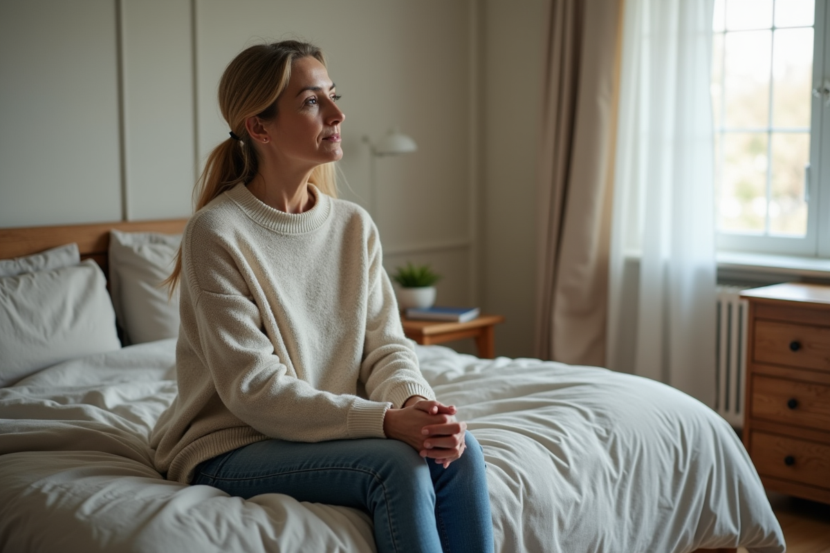 Femme pensive assise sur le lit dans une chambre chaleureuse