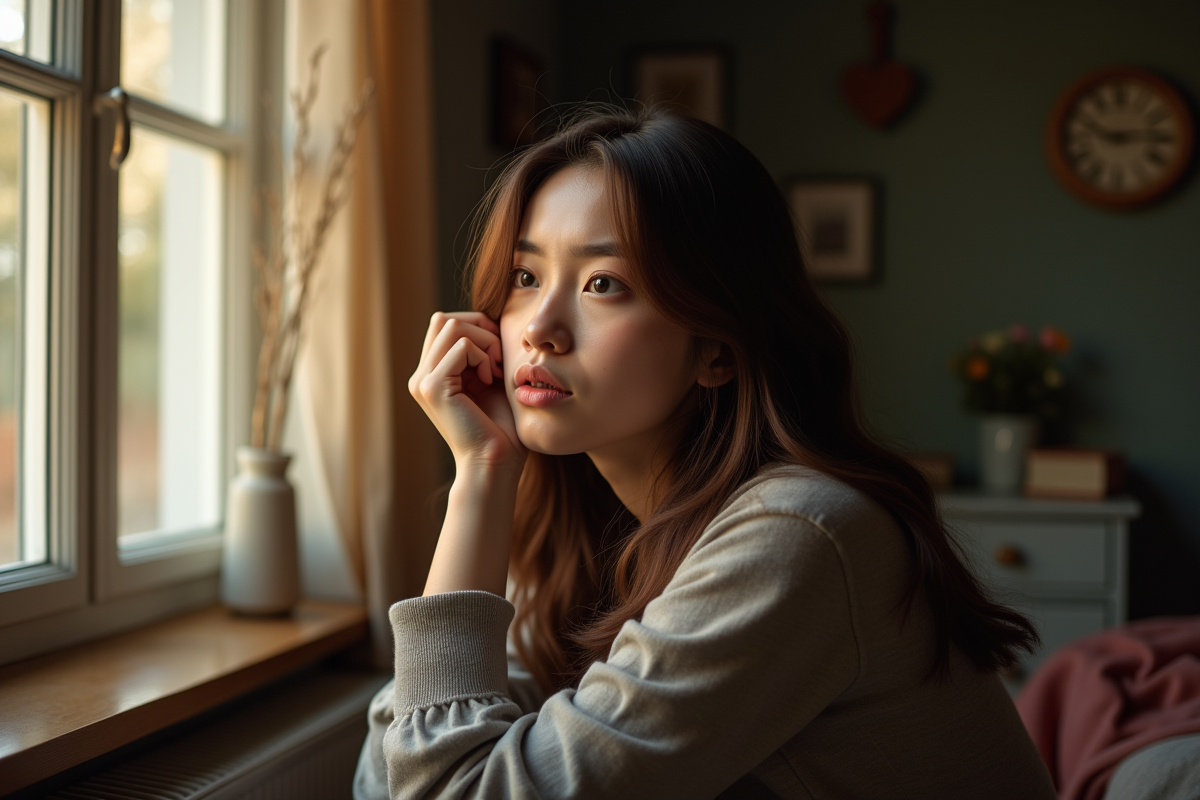 Jeune femme pensive assise près d'une fenêtre lumineuse