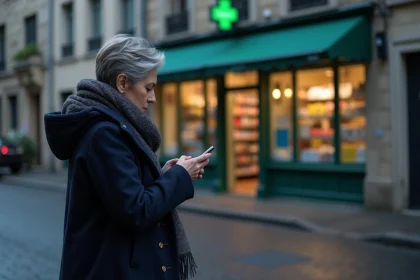 Femme marchant vers une pharmacie &agrave; Gardanne au cr&eacute;puscule