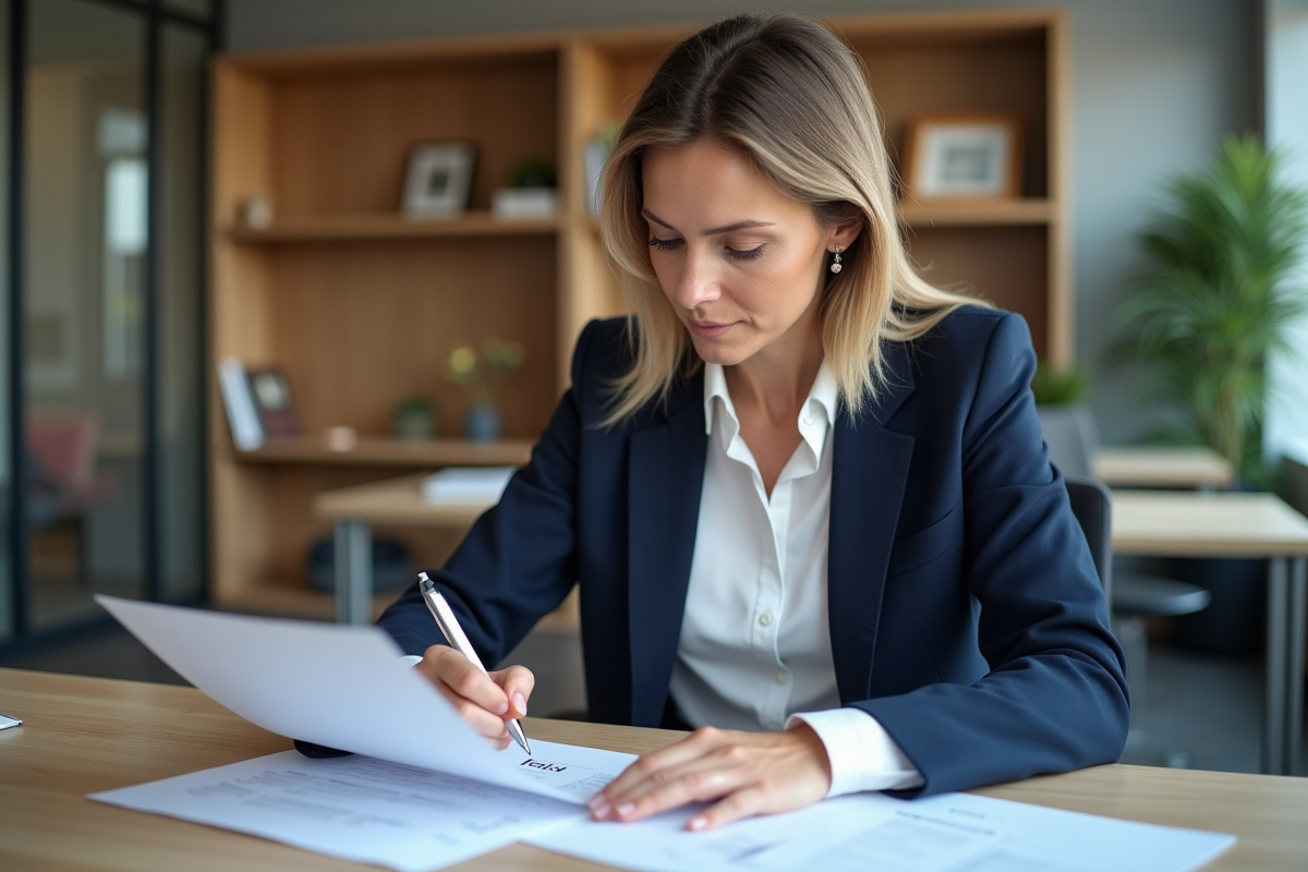 Femme d'affaires en réunion avec documents loi RIST
