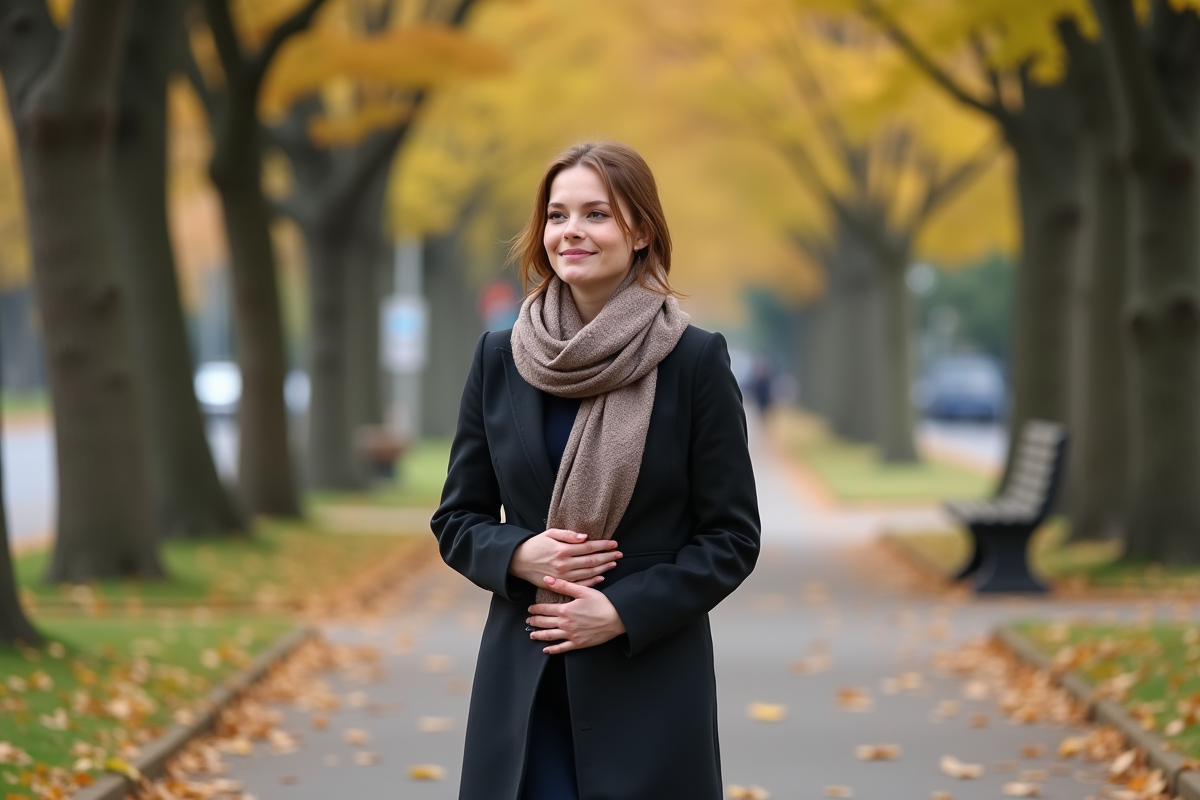 Jeune femme marchant dans un parc automnal