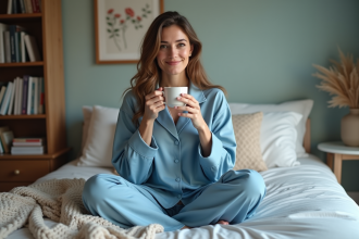 Femme en pyjama bleu sirotant une tisane dans son lit