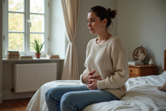 Femme assise pensant dans une chambre chaleureuse