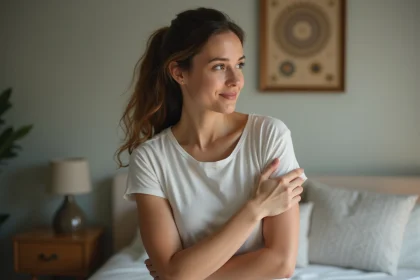 Femme en int&eacute;rieur touchant son aisselle dans une chambre chaleureuse