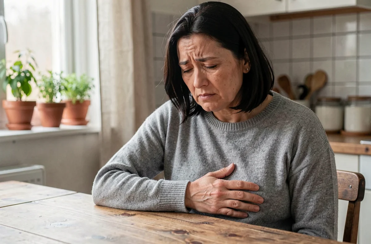 Femme souffrant de reflux gastrique posant la main sur son abdomen dans une cuisine naturelle