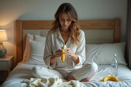 Femme d&eacute;tendue dans son lit en train d'&eacute;plucher une banane