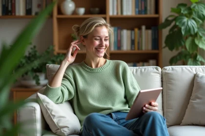 Femme d&eacute;tendue avec tablette dans un salon cosy